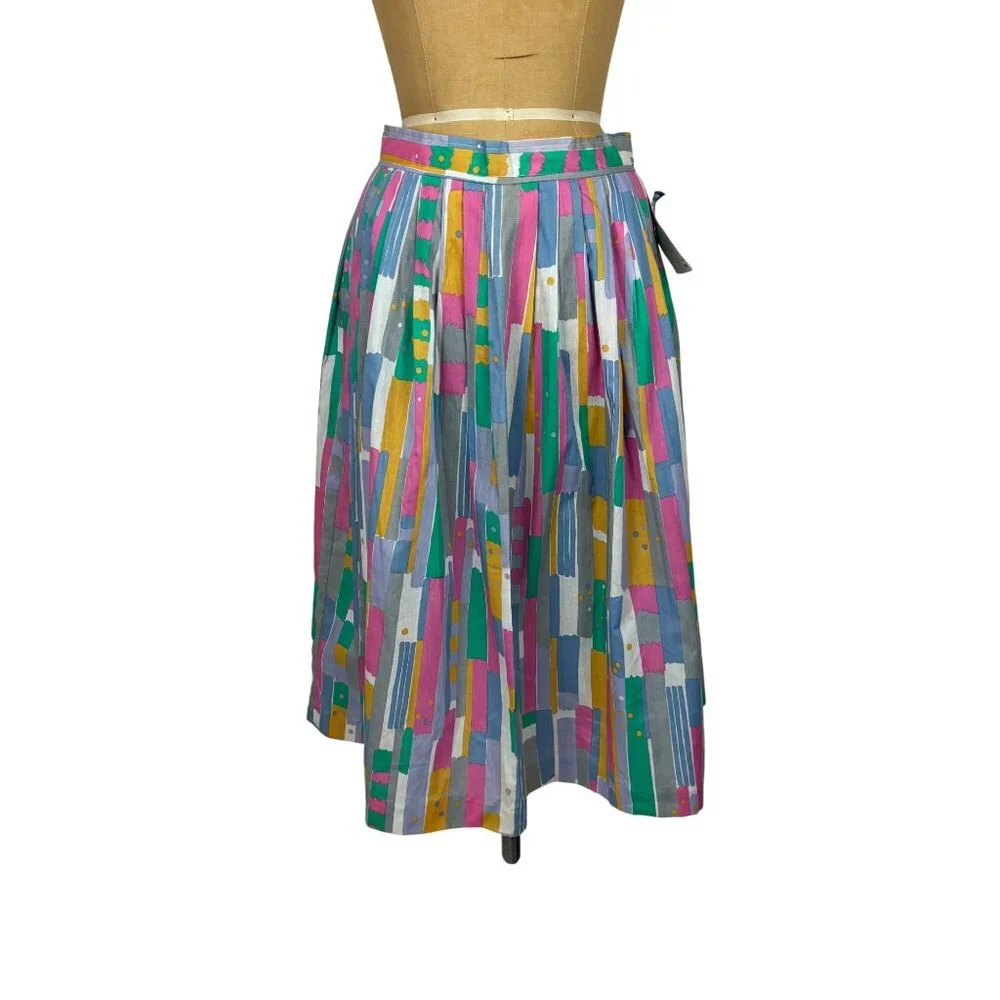 Vintage 80s Cotton Skirt Womens Small Deadstock Pastel 50s Style Pleated - Picture 2 of 10